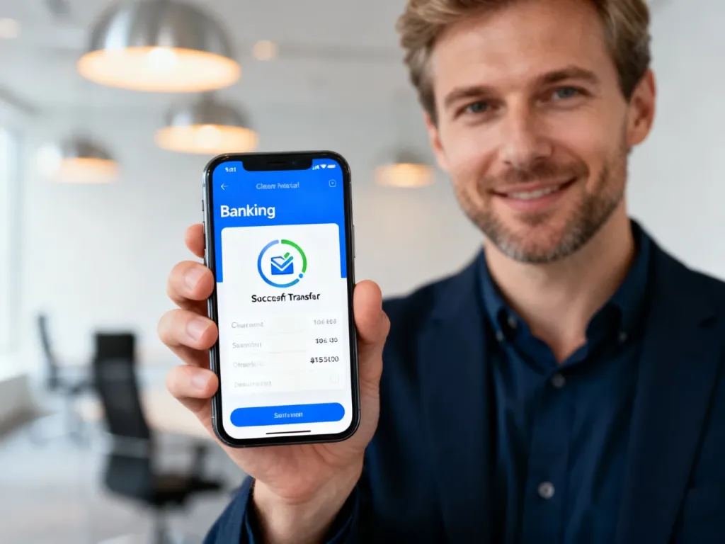 Ekran smartfona z interfejsem bankowości mobilnej potwierdzający wykonanie przelewu w nowoczesnym biurze.