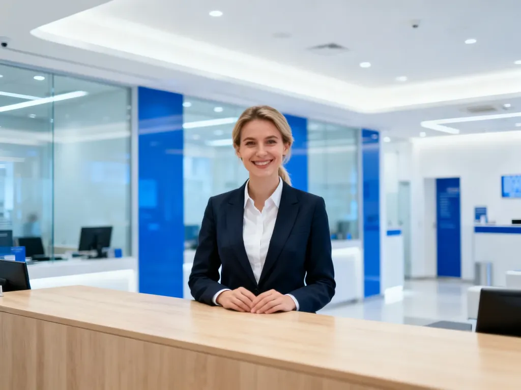 Pracownica banku przy biurku w nowoczesnym, jasnym wnętrzu oddziału Santander Consumer Bank.