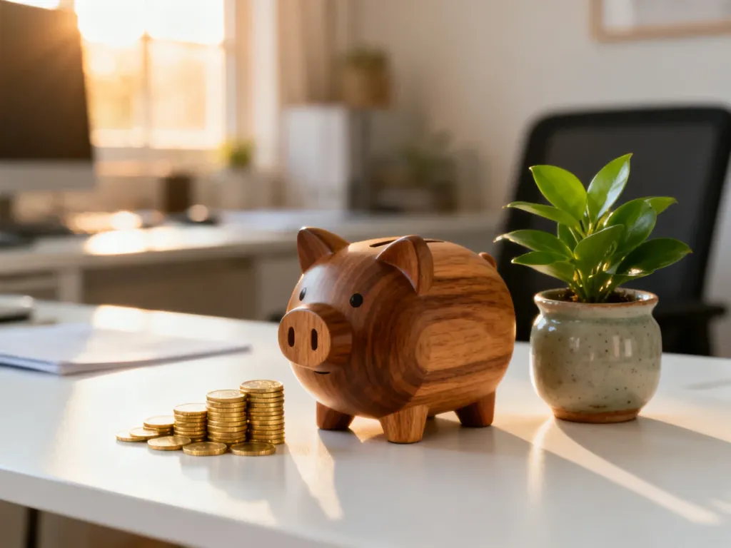 Drewniana skarbonka, stos monet i roślina na biurku, symbolizujące oszczędzanie i planowanie finansów rodzinnych.