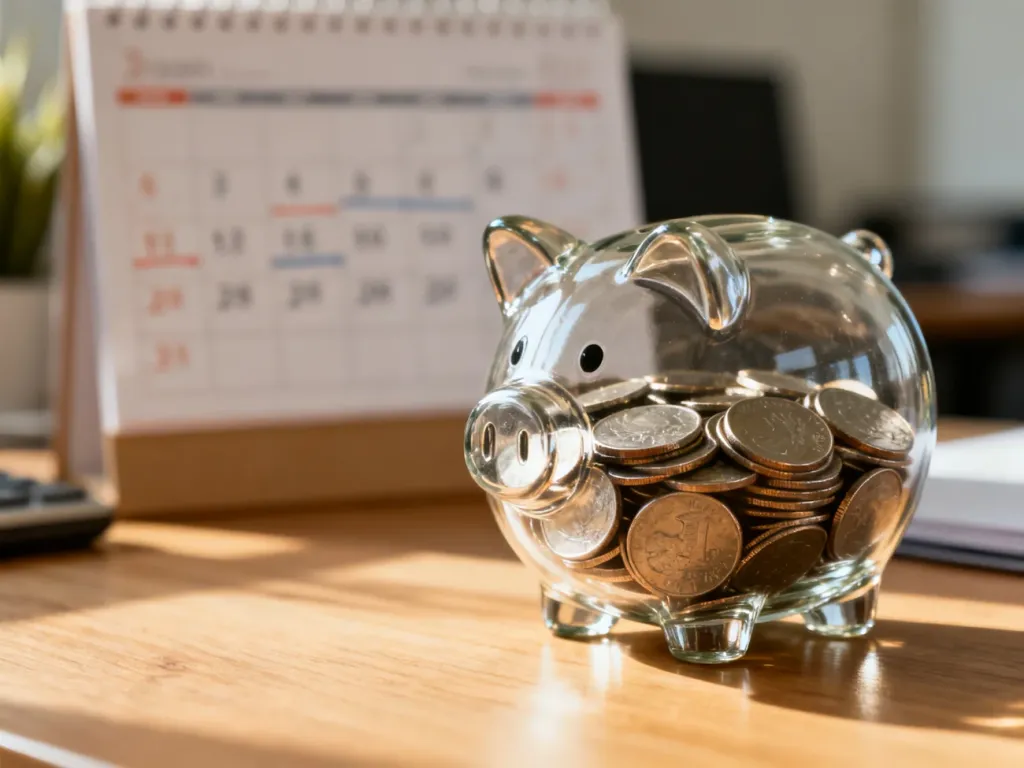 Szklana skarbonka z monetami na biurku, symbolizująca oszczędności i planowanie finansowe w kontekście dodatku.