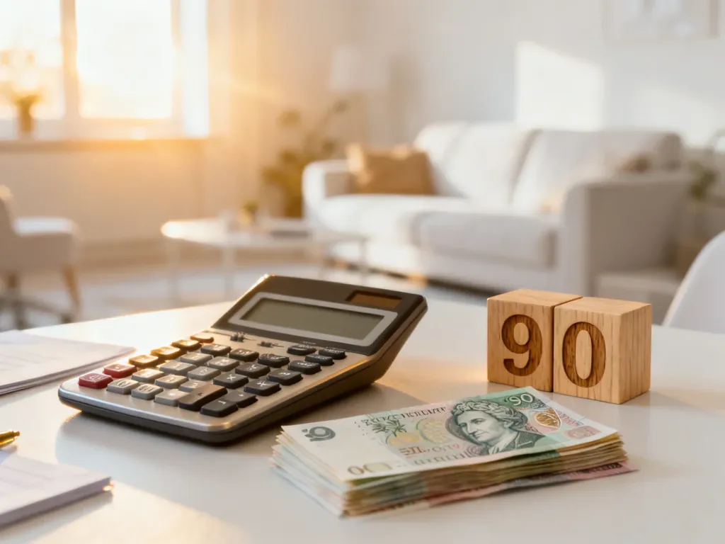 Kalkulator i banknoty obok drewnianego klocka z liczbą 90, symbolizujące wyliczenia dotyczące świadczenia wspierającego.