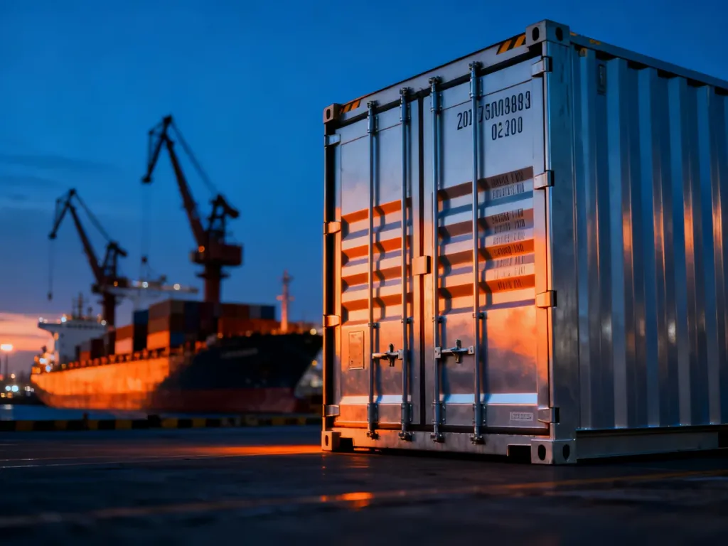 Nowoczesny kontener transportowy w porcie logistycznym o zachodzie słońca, symbolizujący bezpieczeństwo przewożonych towarów.