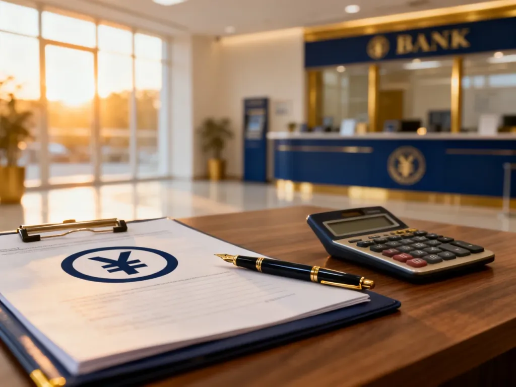 Biurko z dokumentami finansowymi i kalkulatorem na tle nowoczesnego wnętrza banku, symbolizujące proces ubiegania się o kredyt.