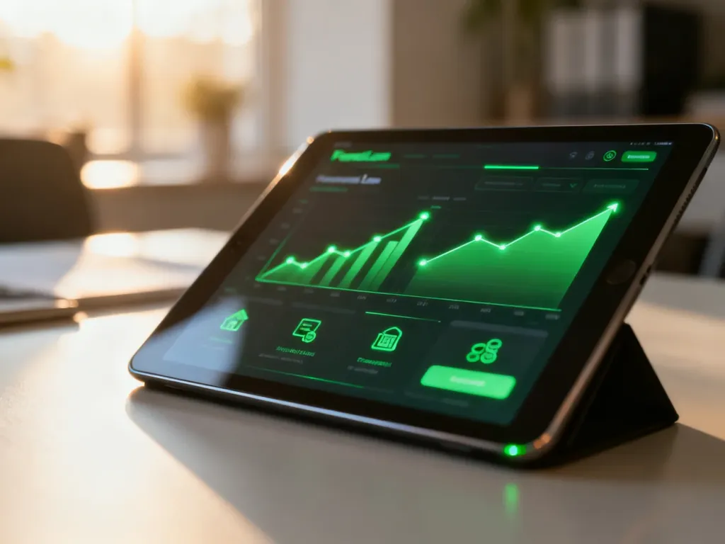 Tablet z interfejsem aplikacji pożyczkowej i wykresami finansowymi w nowoczesnym biurze.