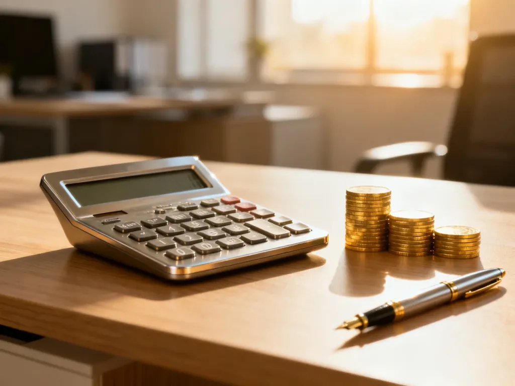 Elegancki kalkulator, monety i pióro na biurku, symbolizujące planowanie finansów i obliczanie raty kredytu.