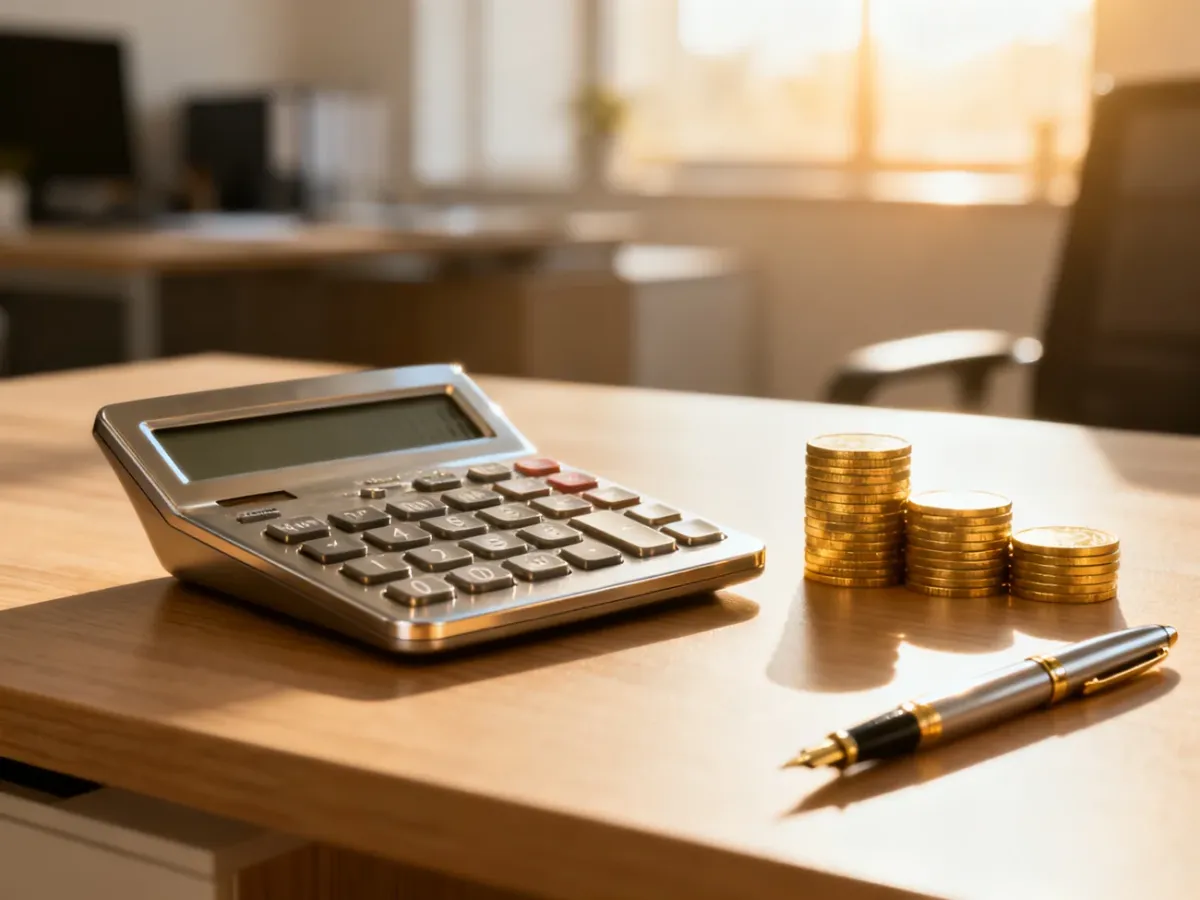 Elegancki kalkulator, monety i pióro na biurku, symbolizujące planowanie finansów i obliczanie raty kredytu.