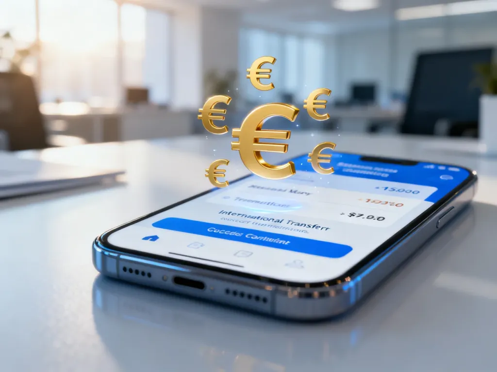 Ekran smartfona z potwierdzeniem udanego przelewu międzynarodowego i ikonami euro w nowoczesnym biurowym otoczeniu.