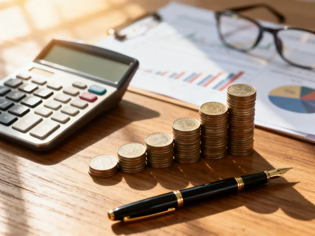 Kalkulator, pióro i monety ułożone w wykres na biurku, symbolizujące planowanie finansowe i spłatę kredytu hipotecznego.