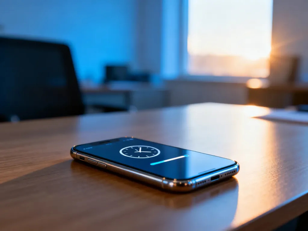 Smartfon z ikoną zegara i paskiem postępu na biurku, symbolizujący czas oczekiwania na realizację przelewu bankowego.