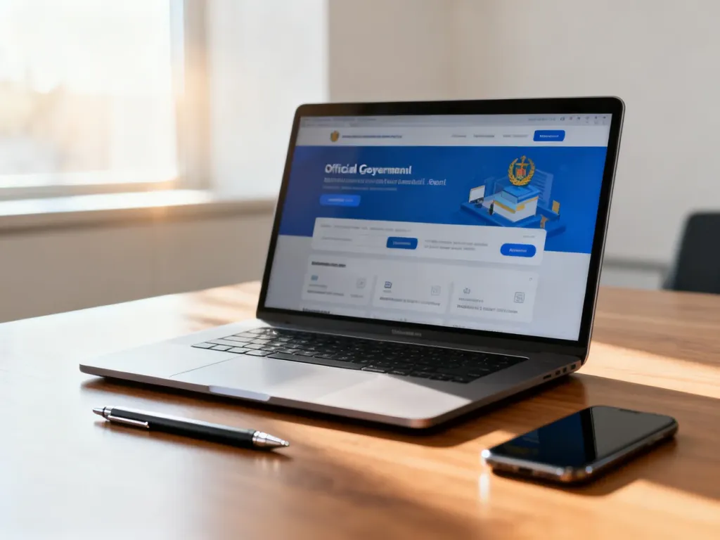 Laptop z otwartym portalem rządowym na biurku, symbolizujący proces elektronicznego składania wniosków do ZUS.