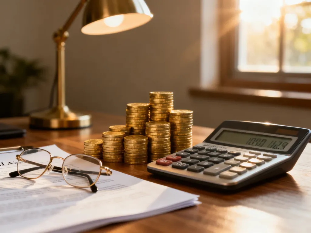 Stos dokumentów, kalkulator i monety na biurku, symbolizujące planowanie finansów oraz świadczenia socjalne.