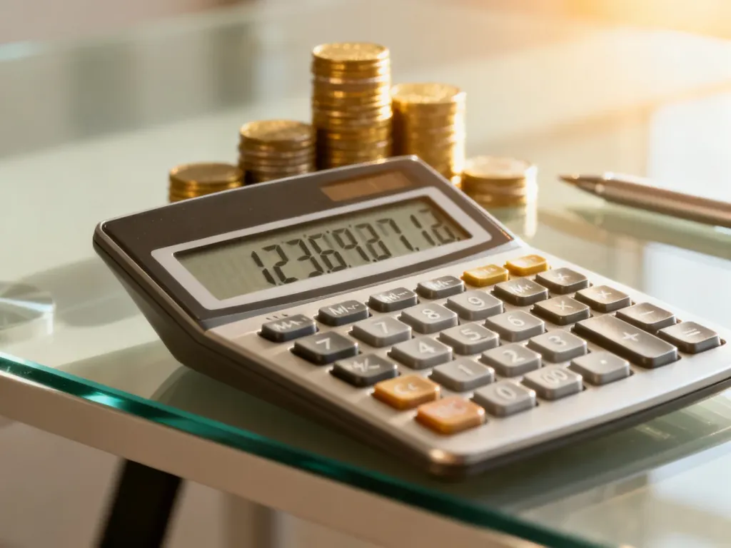 Kalkulator finansowy na biurku z widocznym wynikiem obliczeń, symbolizujący planowanie kredytu i zarządzanie finansami.
