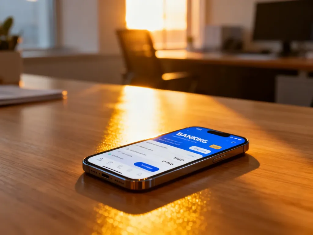 Smartfon z otwartą aplikacją bankową na drewnianym biurku, symbolizujący szybkość i nowoczesność przelewów elektronicznych.
