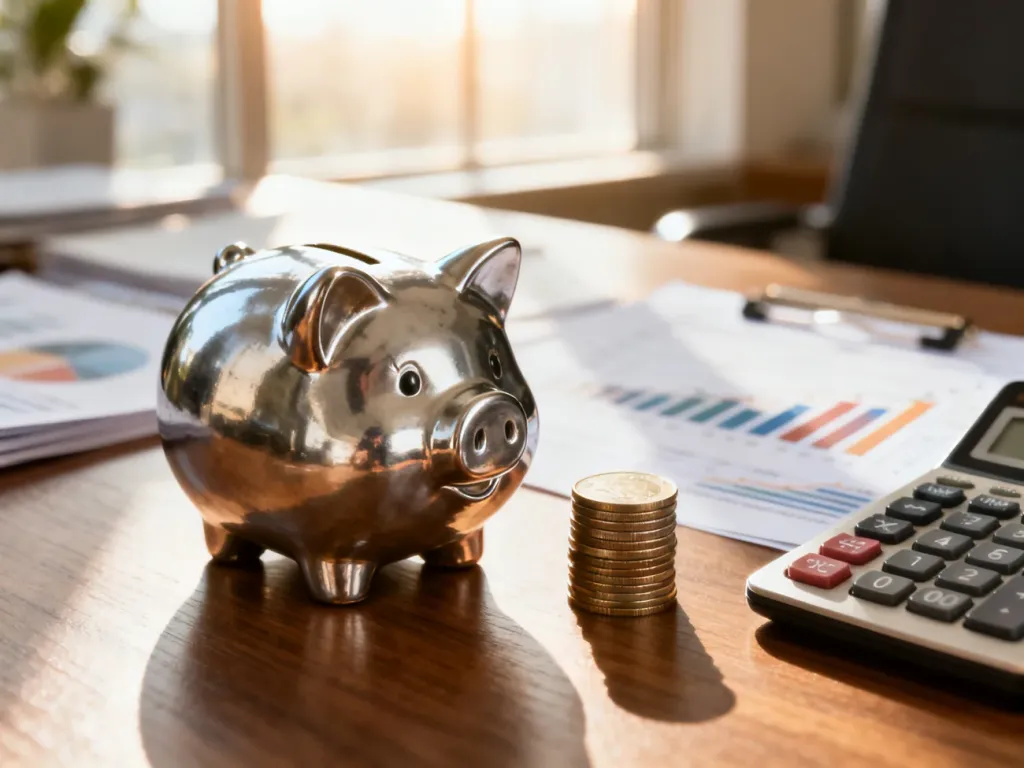Metalowa skarbonka, monety i kalkulator na biurku, symbolizujące planowanie finansowe i oszczędności w kontekście PPE.