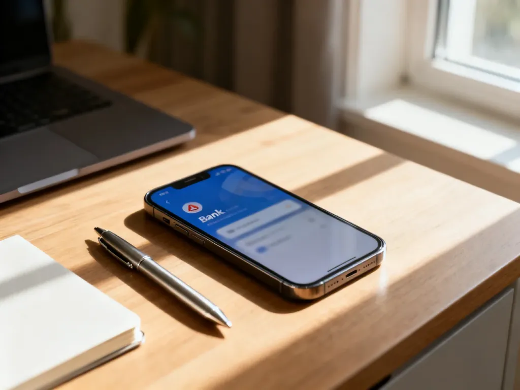 Smartfon z otwartą aplikacją bankową na biurku, symbolizujący sprawdzanie statusu przelewu przychodzącego.