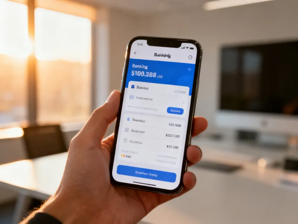 Dłoń trzymająca smartfon z otwartą aplikacją bankową na tle nowoczesnego biura, ilustrująca wygodę bankowości mobilnej.