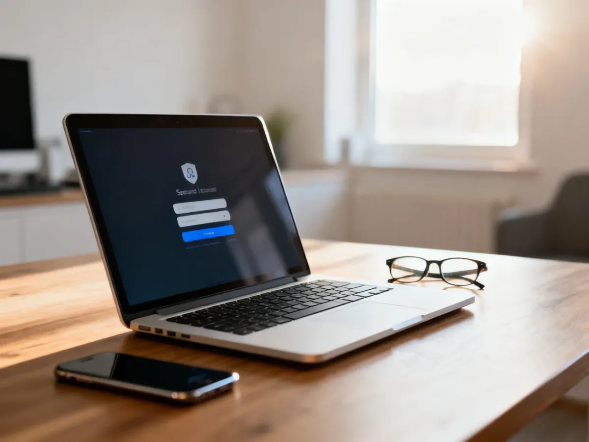 Otwarty laptop na biurku z widocznym ekranem logowania, symbolizujący bezpieczny dostęp do e-Urzędu Skarbowego.