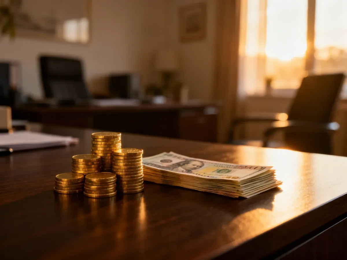 Stos pieniędzy i banknotów na biurku, symbolizujący finanse i darowizny w rodzinnym budżecie.