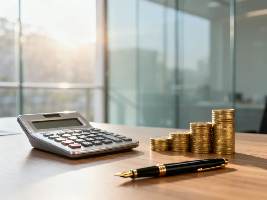 Nowoczesne biurko z kalkulatorem i monetami, symbolizujące profesjonalne doradztwo finansowe przy wyborze kredytu.