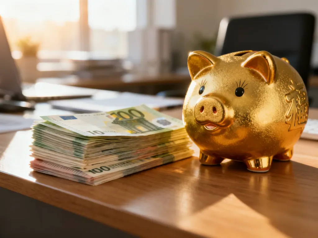 Stos banknotów euro i złota skarbonka na biurku, symbolizujące planowanie finansowe i stabilność budżetu domowego.