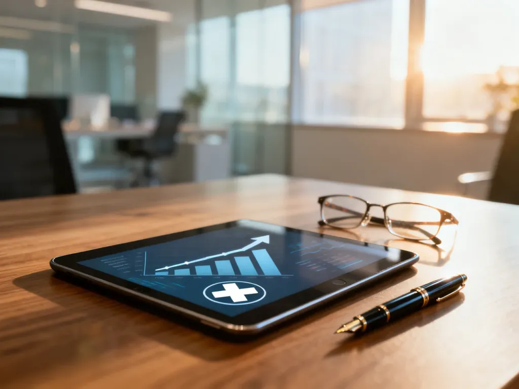 Tablet z wykresem finansowym i ikoną medyczną na biurku, symbolizujący planowanie prywatnego ubezpieczenia zdrowotnego.