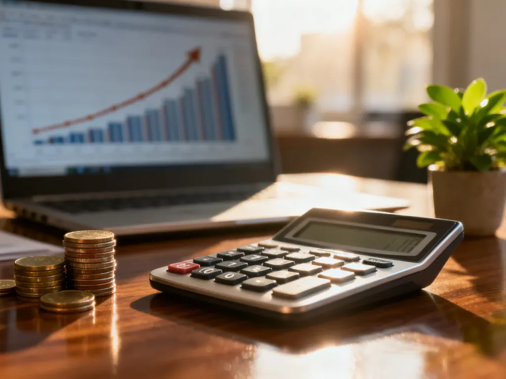 Kalkulator, monety i wykres finansowy na biurku, symbolizujące planowanie budżetu i obliczanie raty kredytu.