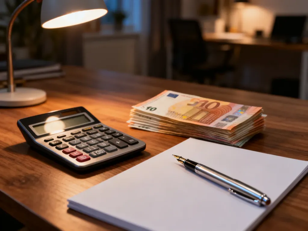 Kalkulator, plik banknotów i notatnik na biurku, symbolizujące planowanie finansów i obliczanie raty kredytu.