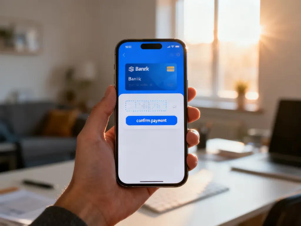 Dłoń trzymająca smartfon z otwartą aplikacją bankową, gotową do zatwierdzenia płatności online.