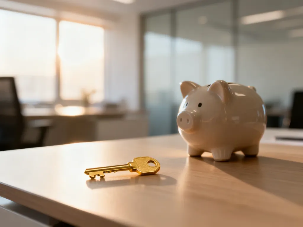 Złoty klucz leżący na biurku obok skarbonki, symbolizujący łatwy dostęp do finansowania i pożyczek.