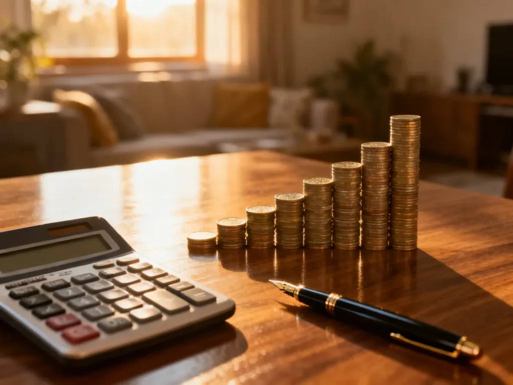 Kalkulator, pióro i monety ułożone w wykres na biurku, symbolizujące planowanie finansowe i spłatę kredytu hipotecznego.