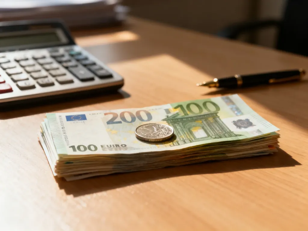 Stos banknotów euro i moneta na biurku, symbolizujące kwestie finansowe i rozliczenia świadczeń.