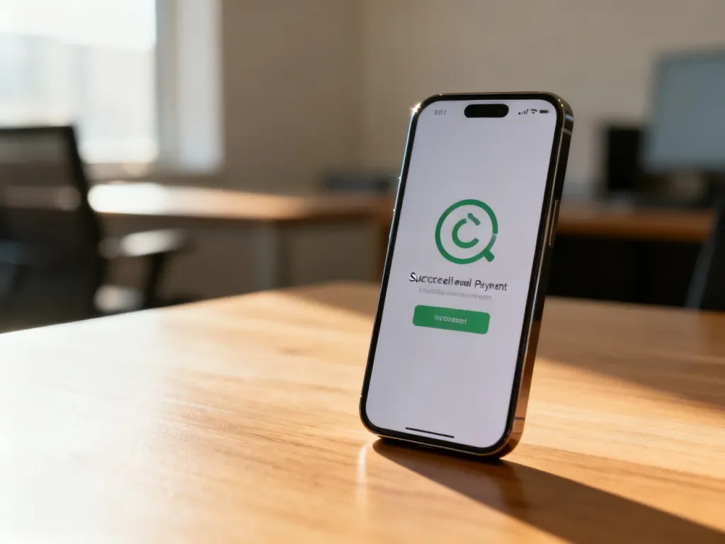 Smartfon na drewnianym biurku z powiadomieniem o pomyślnym otrzymaniu przelewu w świetle poranka.