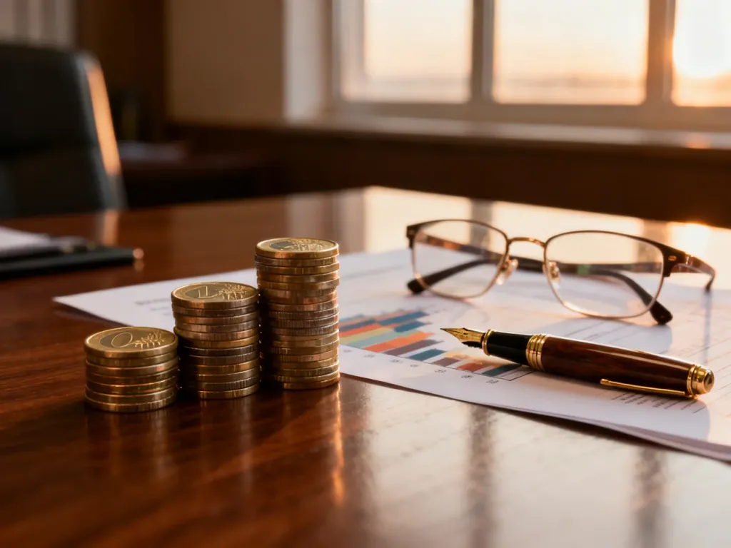 Stos monet euro, okulary i dokumenty finansowe na biurku, symbolizujące planowanie emerytury i stabilność finansową.