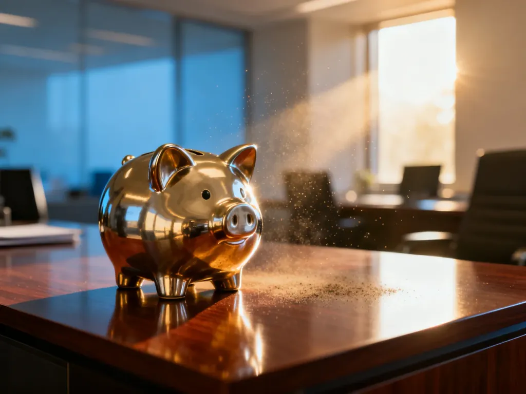 Metalowa skarbonka na biurku w biurze, symbolizująca planowanie finansów i oszczędzanie przed zaciągnięciem kredytu.
