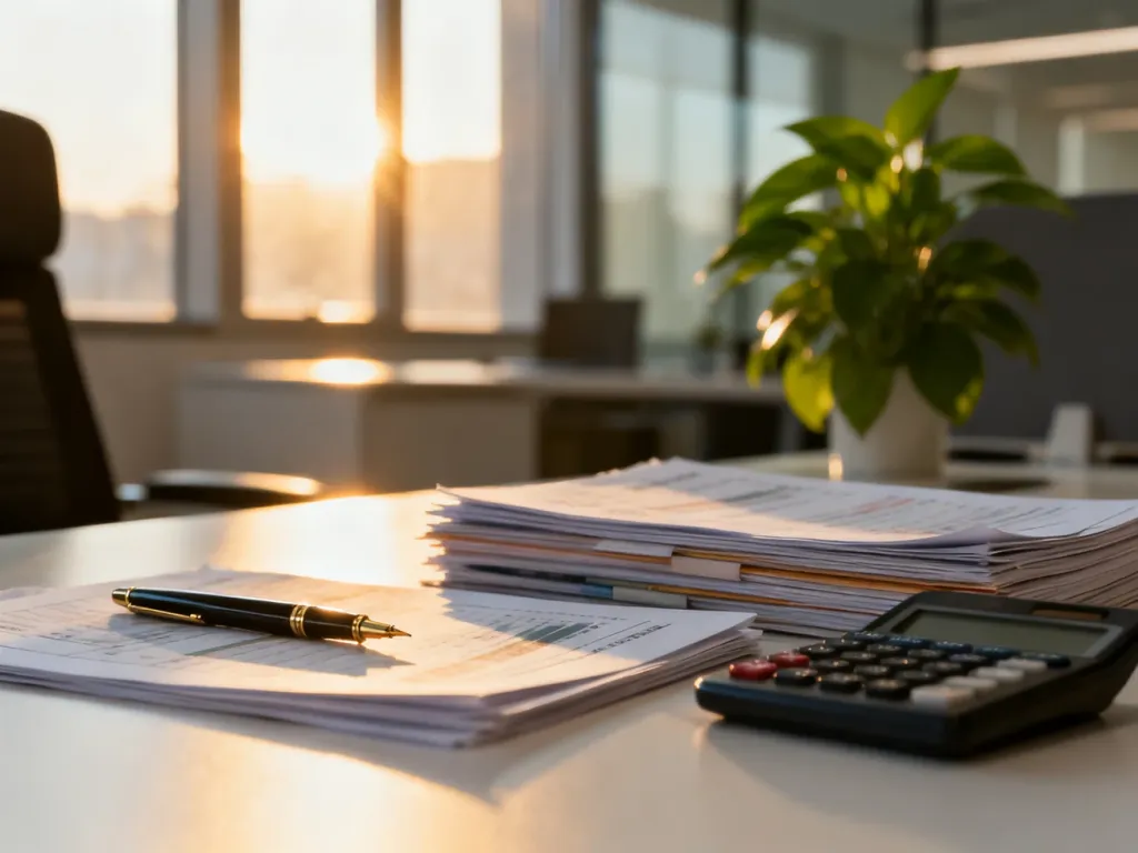 Uporządkowane dokumenty finansowe, kalkulator i pióro na biurku, symbolizujące planowanie finansowe i ubezpieczenia.