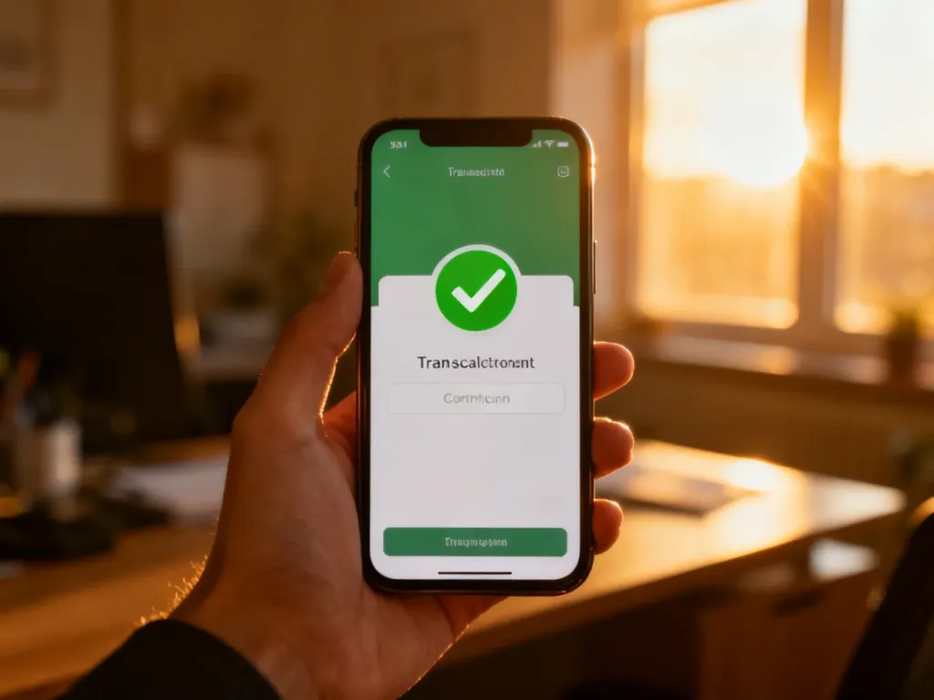 Dłoń trzymająca smartfon z widocznym na ekranie potwierdzeniem udanego przelewu bankowego.