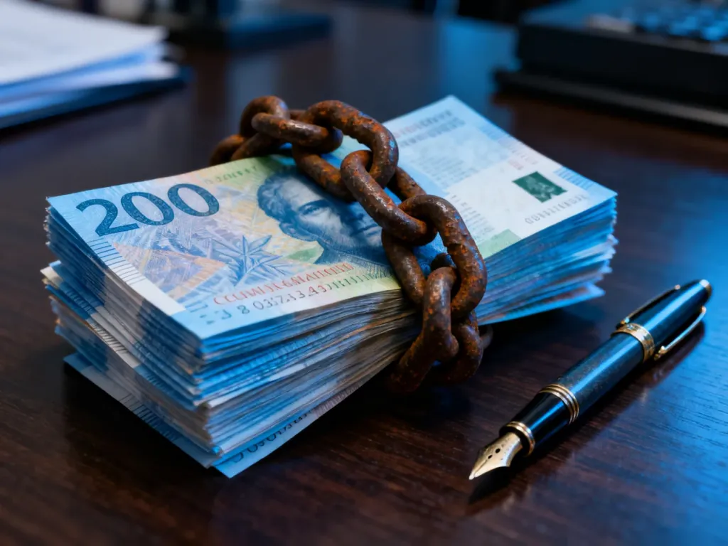 Zardzewiały łańcuch owinięty wokół banknotów franków szwajcarskich, symbolizujący ciężar kredytu walutowego.