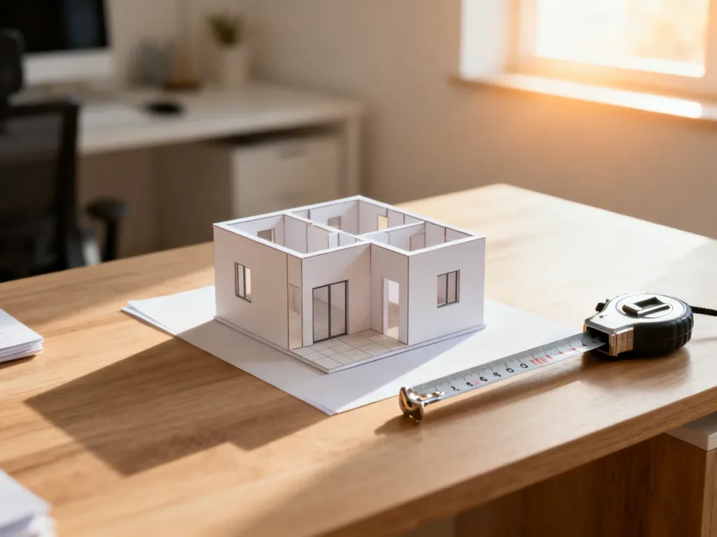 Model architektoniczny małego mieszkania z miarką na biurku, ilustrujący planowanie przestrzeni mieszkalnej.