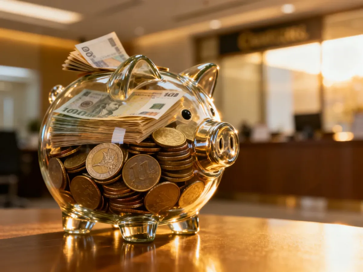 Szklana skarbonka wypełniona monetami i banknotami, symbolizująca oszczędności oraz stabilność finansową.