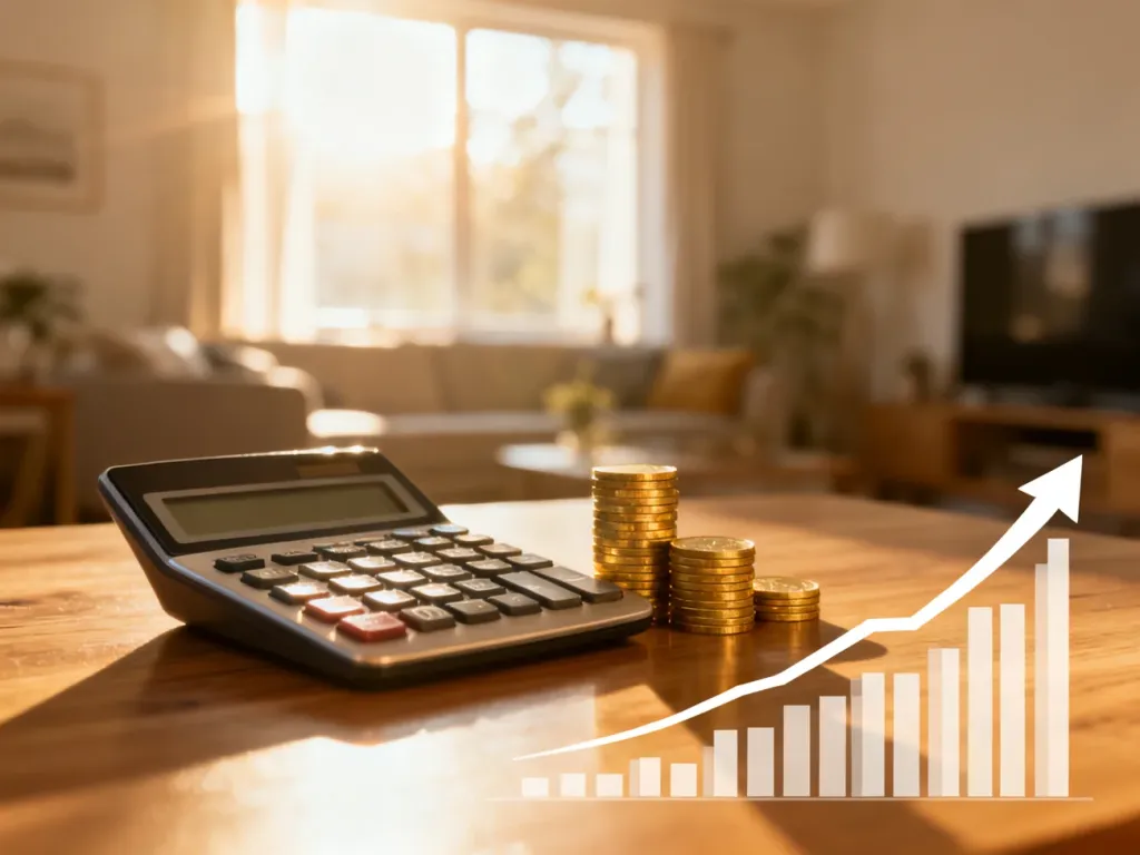 Kalkulator i monety na biurku oraz wykres wzrostu symbolizujące planowanie finansowe i kredyt hipoteczny.