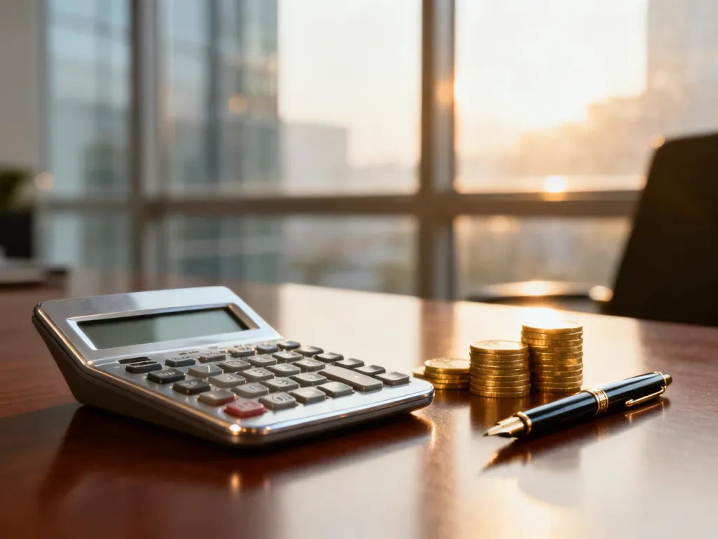 Srebrny kalkulator, złote monety i pióro na biurku, symbolizujące planowanie finansowe i obliczanie rat kredytu.