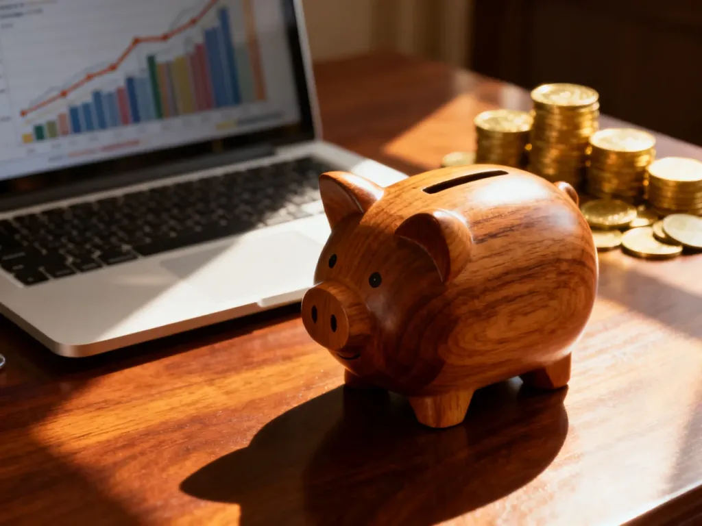 Drewniana skarbonka na biurku obok monet i wykresu finansowego, symbolizująca oszczędzanie na emeryturę.