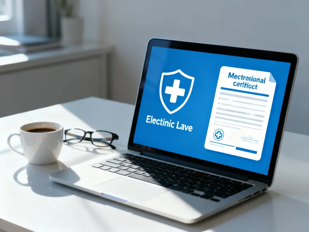 Ekran laptopa z ikoną elektronicznego zwolnienia lekarskiego na biurku, symbolizujący dostęp do dokumentacji medycznej w PUE ZUS.