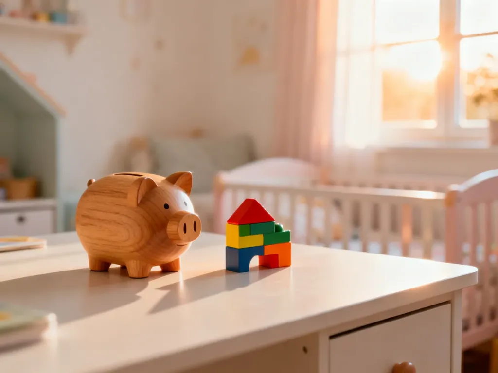 Drewniana skarbonka i dziecięca zabawka na biurku, symbolizujące oszczędności i wsparcie finansowe dla rodziny.