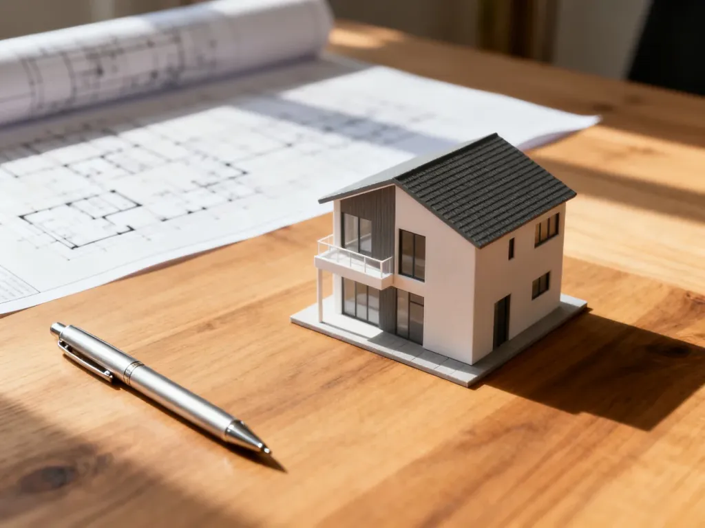 Model nowoczesnego domu na biurku z planami architektonicznymi, symbolizujący planowanie zakupu nieruchomości.