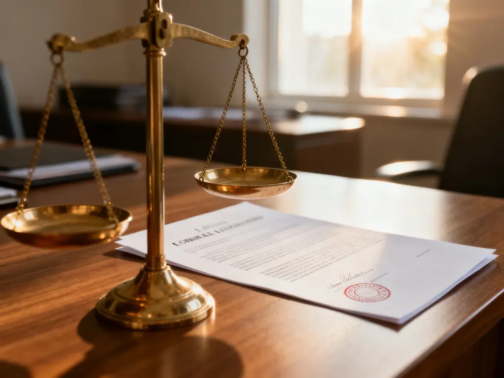 Oficjalny dokument prawny z pieczątką i waga sprawiedliwości na biurku, symbolizujące proces dochodzenia praw konsumenckich.