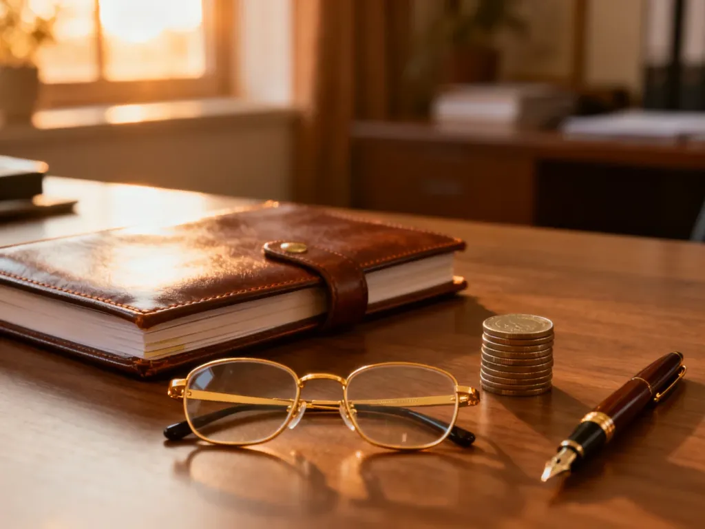 Złote okulary, pióro i monety na biurku, symbolizujące planowanie finansów i opiekę nad seniorami.
