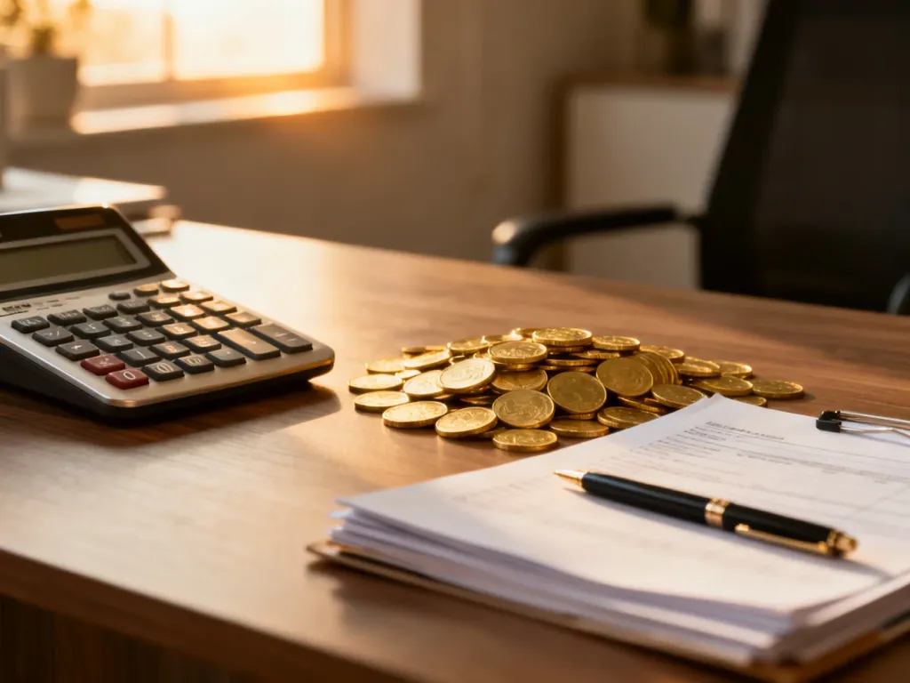 Kalkulator, monety i dokumenty na biurku, symbolizujące planowanie finansów i spłatę kredytu hipotecznego.