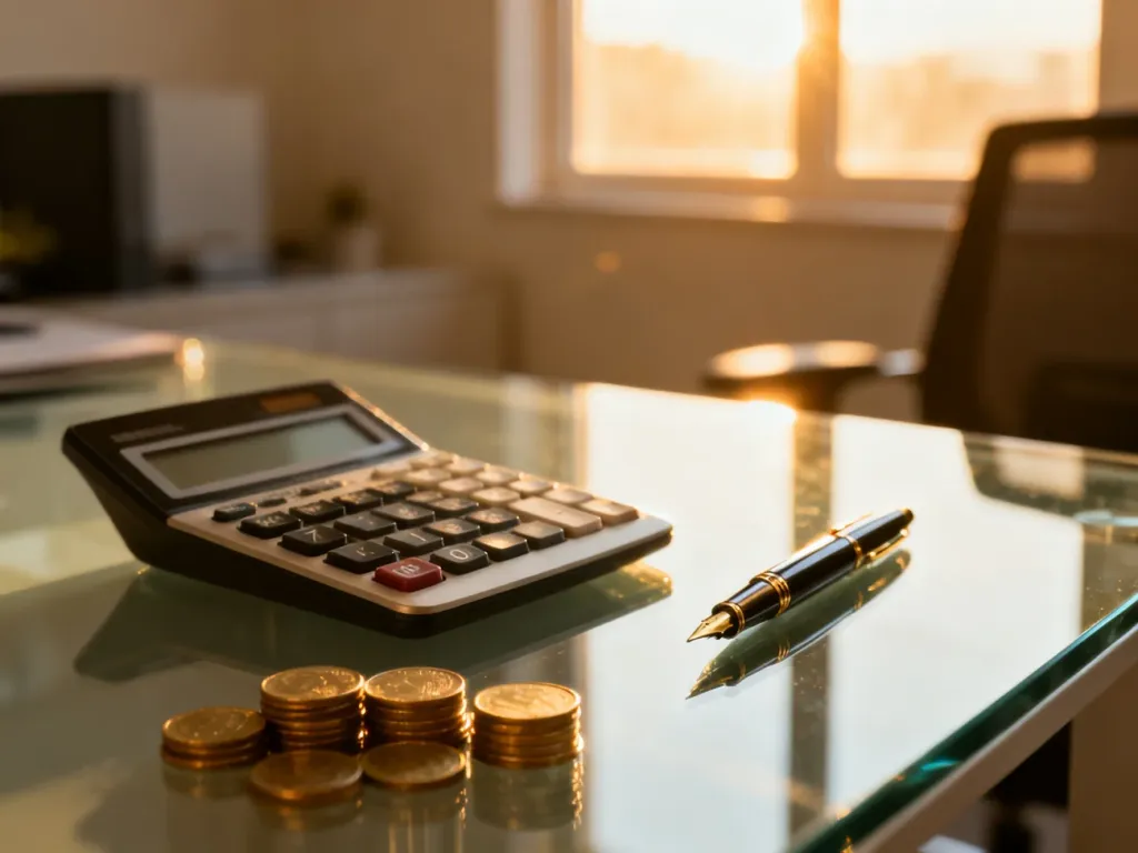 Kalkulator, pióro i monety na biurku, symbolizujące planowanie finansów i obliczanie raty kredytu.