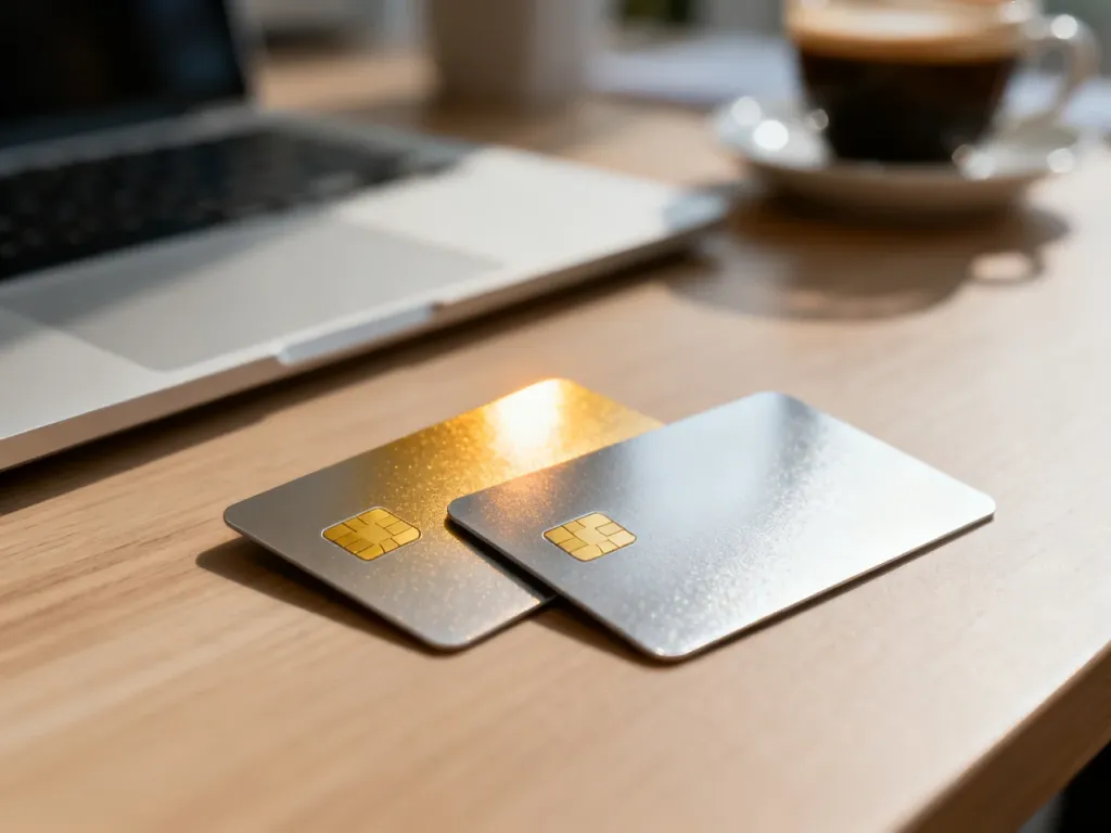 Karty płatnicze Visa i Mastercard leżące na biurku obok laptopa i kawy, ilustrujące wybór odpowiedniej karty kredytowej.